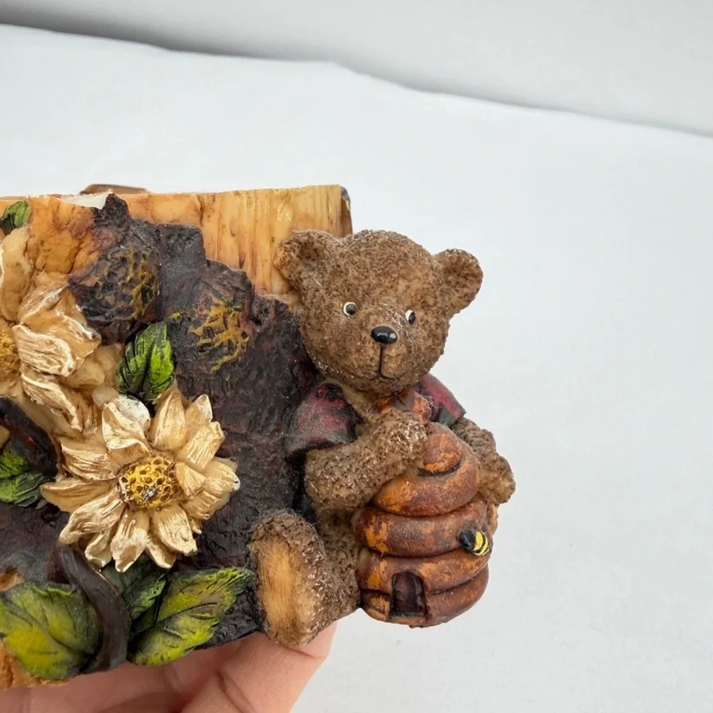 Bear Figurine Tree Stump Planter Pot Candle Holder Beehive Rustic Decor Cutecore
